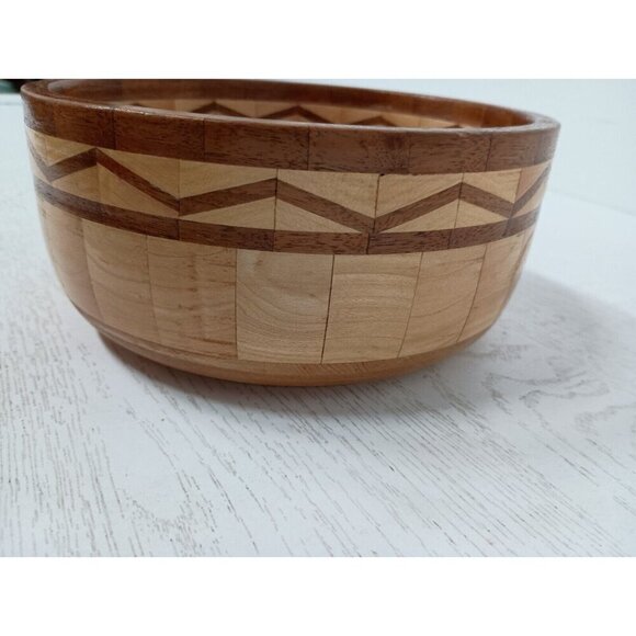 Vintage Red Oak Segmented Wood Round Serving Bowl Salad Rustic Hand Carved - Picture 5 of 8